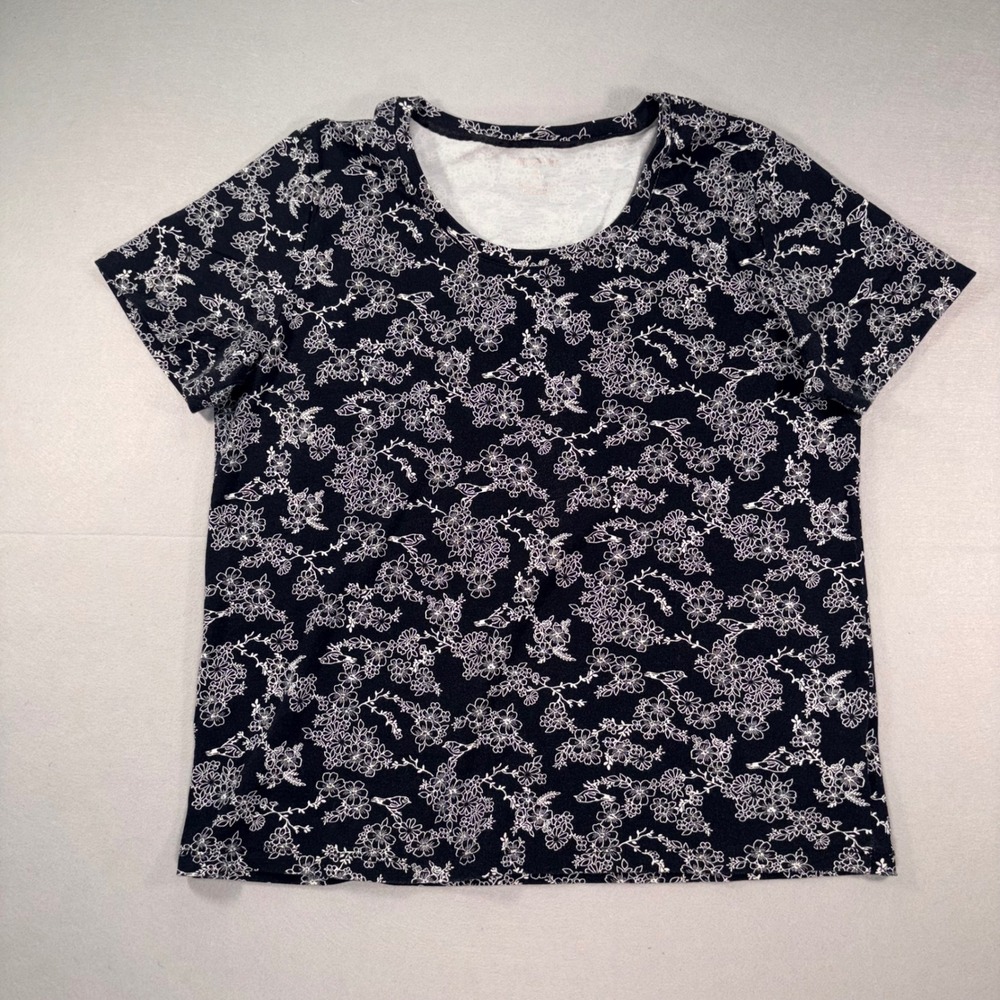 White Stag Black & White Floral Cotton Short Sleeve Scoop Neck T-Shirt Top